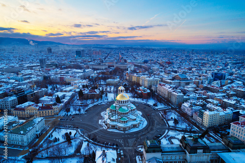 Aerial view of Alexander Nevsky Orthodox Cathedral in winter, Sofia, Bulgaria photo