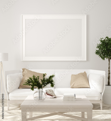 Fototapeta Poster, wall mockup in beige interior with white sofa, wooden table and plants, Scandinavian style, 3d render
