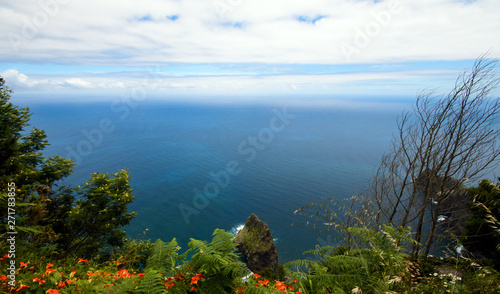 View of beautiful mountains and ocean on northern coast ,Madeira island, Portugal, Europe.