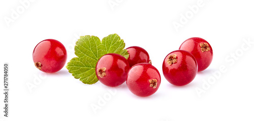 Fresh Red currant berries with leaf on White Background closeup photo