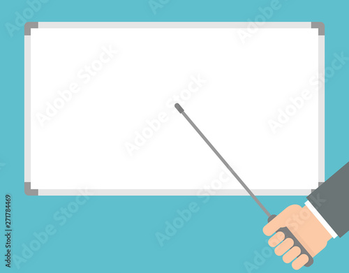 Hand holding pointer and pointing to a blank whiteboard