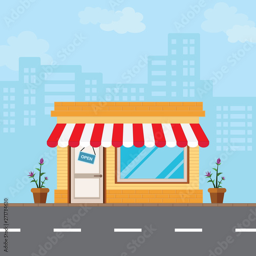 Shop in the front style is located along the road amidst the vast capital city.