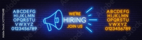 Neon sign we are hiring - join us on the brick wall background. Light poster or banner for recruiting. Template for design. Vector.