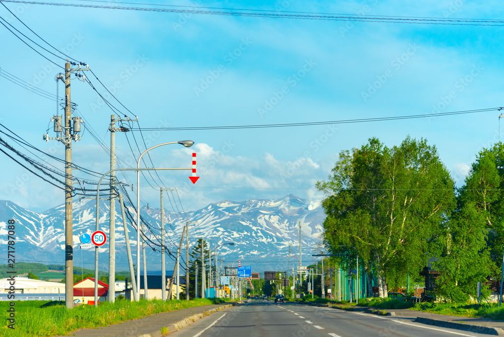 Rural road view at summer in Biei town, located in Kamikawa Subprefecture, Hokkaido, Japan