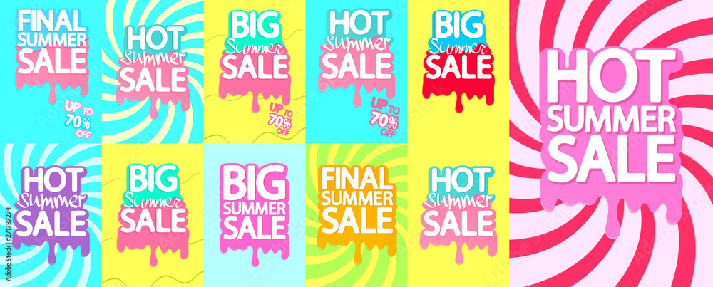 Set Summer Sale up to 70% off posters design template, special deal, vector illustration