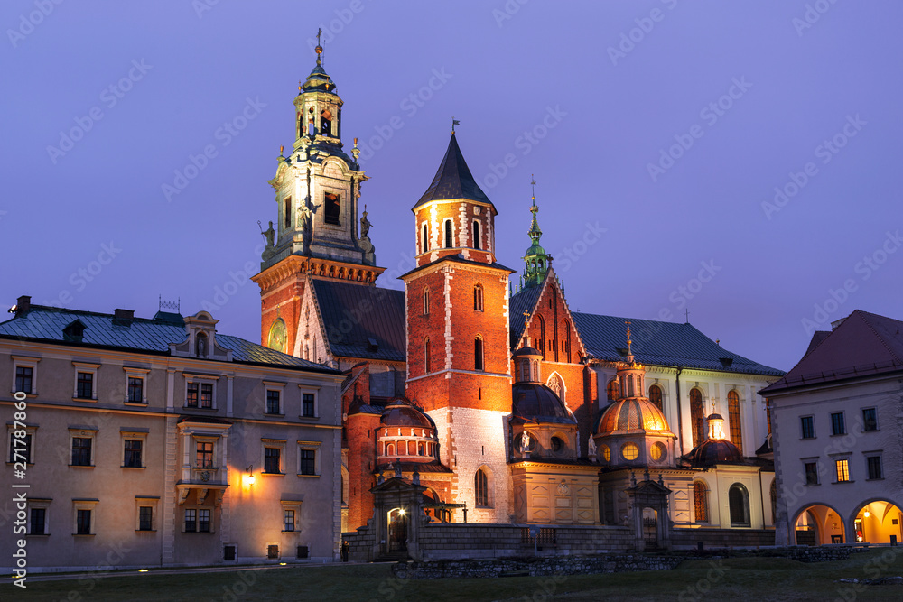 Night view of the cathedral of Saints Stanislaw and Vaclav in Royal Castle on the Wawel Hill, Krakow, Poland