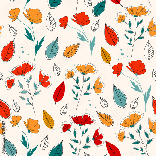Summer seamless pattern with tropical leaves and flowers on white background. Vector design. Jungle print. Textiles and printing. Floral background.