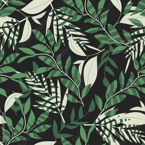 Trend seamless pattern with tropical leaves and plants on a dark green background. Vector design. Jungle print. Textiles and printing. Floral background.