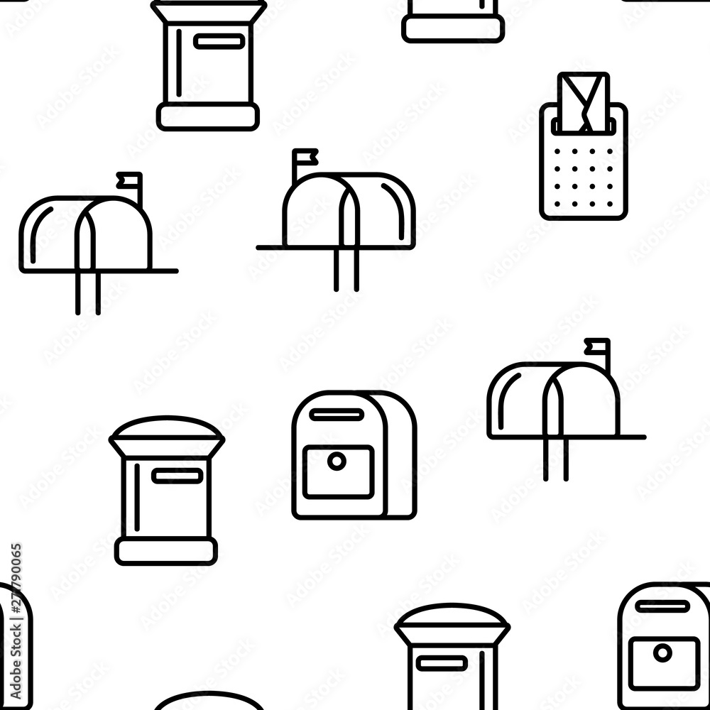 Mail Box, Post Linear And Flat Vector Icons Seamless Pattern. Mailboxes