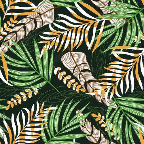 Fototapeta Naklejka Na Ścianę i Meble -  Trend seamless pattern with tropical leaves and plants on a delicate green background. Vector design. Jungle print. Textiles and printing. Floral background.