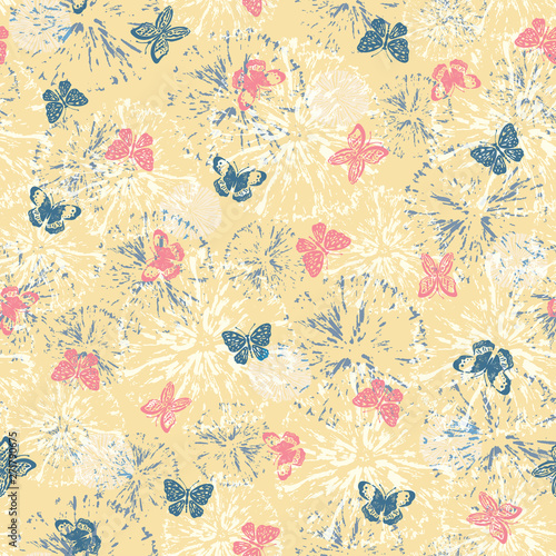 Vector seamless pattern with abstract flowers and small butterflies on light background. Pattern can be used for wallpaper, pattern fills, background, surface textures