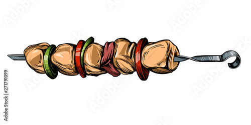 kebab, shashlik, grilled on a skewer, food meat, hand drawn vector illustration realistic sketch