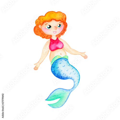 Curvy mermaid with red hair isolated on white background. Plus size mermaid happy smile. Young mermaid watercolor illustration