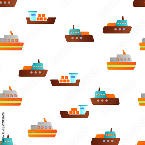 Ferry, Vessel And Ship Vector Color Icons Seamless Pattern. Ferry Front And Side View Linear Symbols Pack. International Cargo Transportation, Shipment. Logistics And Distribution Illustrations