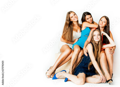 many girlfriends hugging celebration on white background, smiling talking chat, girl next door close up wondering sweety group, lifestyle real modern people