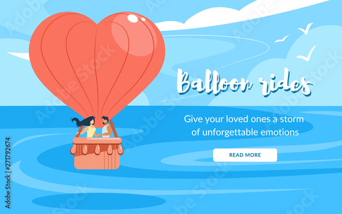 Loving Couple in Basket, Rides Air Balloon Flying © Alla
