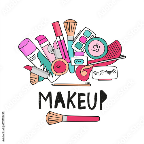 vector illustration set of cosmetics.  A set of cosmetics - lipstick, mascara, comb, shadows, a brush, a hairspray, a lipgloss