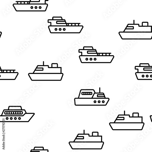 Ferry, Vessel And Ship Vector Color Icons Seamless Pattern. Ferry Front And Side View Linear Symbols Pack. International Cargo Transportation, Shipment. Logistics And Distribution Illustrations