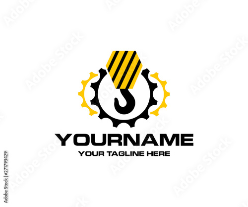 Engineering and construction, crane hook in gears, logo design. Heavy industry and engineering, vector design and illustration