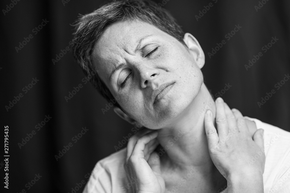 Emotional portrait of an adult woman with short hair and closed eyes. Close-up. Black and white. Emotional portrait of an adult woman with short hair and closed eyes. Close-up. Black and white.