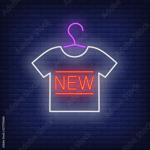 T-shirt with lettering on hanger neon sign. Glowing neon bar alphabet. Shopping, fashion, garment. New collection concept. Vector illustration for advertising, online shopping, fashion show
