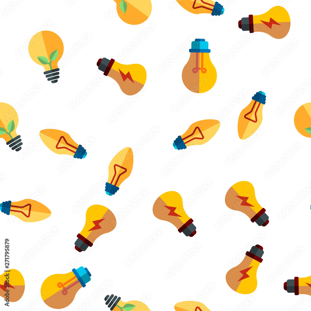 Light Bulbs Flat And Linear Icons Vector Seamless Pattern. Energy Saving, Efficient And Classical Lightbulbs Illustrations Collection. Idea, Innovation, Electricity Contour Symbols. Lamps