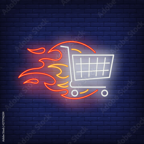 Shopping cart on fire neon sign. Shopping, discount, offer, sale, supermarket. Hot sale concept. Vector illustration in neon style for shop advertising, online shop, web app