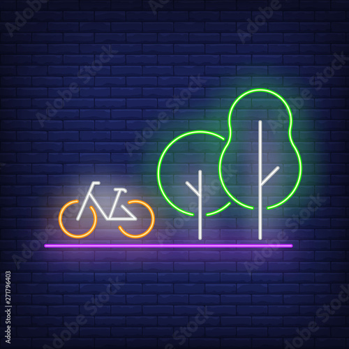 Bicycle and trees neon sign. Summer, vacation, holiday. Vacations concept. Vector illustration in neon style for advertising, tourism, marketing
