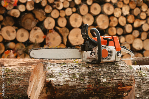 Chainsaw resting on top of cut firewood. photo