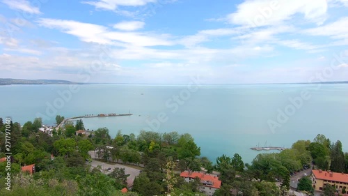 Panoramic view of beautiful colourful Lake Balaton from the famous Benedictine Monastery of Tihany (Tihany Abbey)