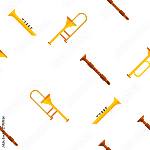Wind Musical Instruments Vector Color Icons Seamless Pattern. Trumpet, Saxophone Acoustic Instruments Linear Symbols Pack. Jazz Symphony Orchestra, Blues Band. Golden Horn, Pipe Illustrations