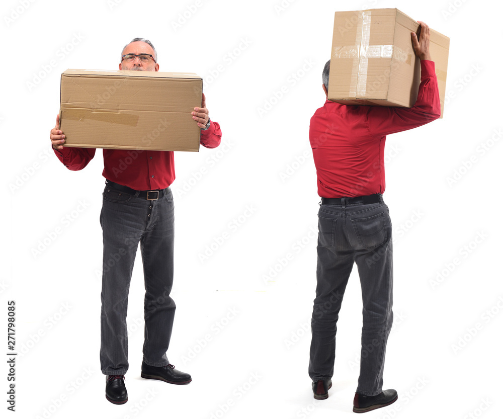 man with package front and back on white background man with package front and back on white background