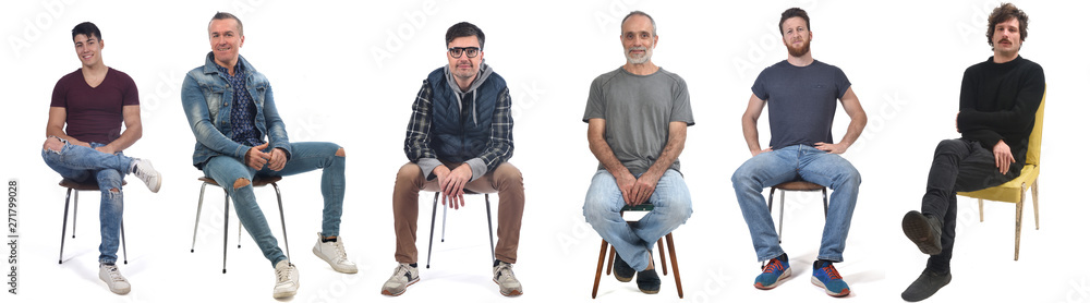 group of man sitting on chair on white background - obrazy, fototapety, plakaty 