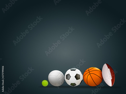 Different sport equipments on background. 3d render illustration