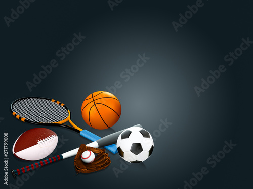 Different sport equipments on background. 3d render illustration