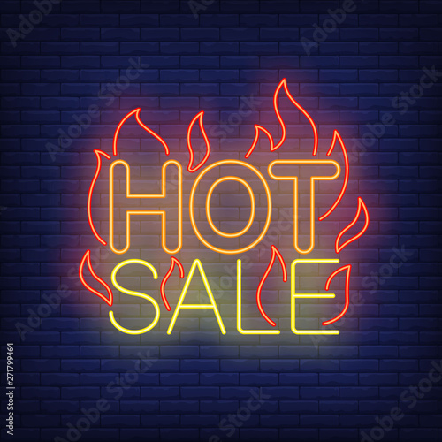 Hot sale with flames neon sign. Glowing neon bar sign. Shopping, sale, discount. Hot sale concept. Vector illustration in neon style for shop advertisement and flyers