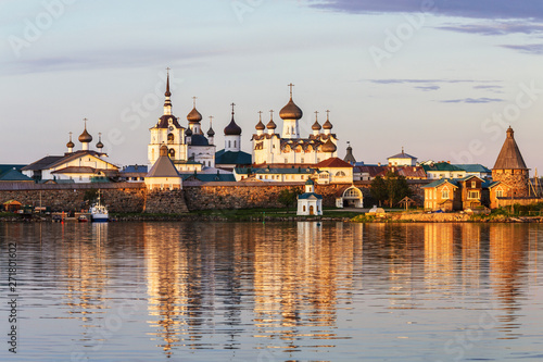 View of the Spaso-Preobrazhensky Solovetsky stavropegial monastery on the Big Solovetsky island from the White sea at sunset. Arkhangelsk region, Russia