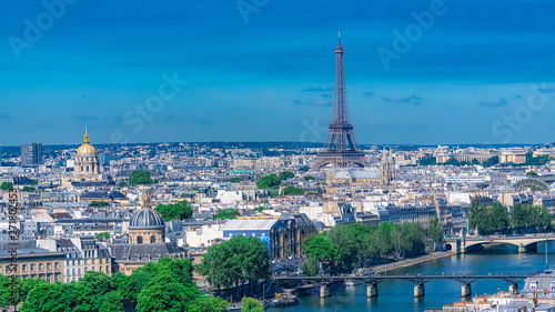 Paris, panorama of the Eiffel tower, with the Seine and bridges, and the most famous monuments  © Pascale Gueret