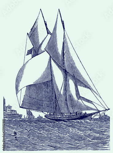 Historical sailing yacht under full sail. Illustration after an engraving from the 19th century