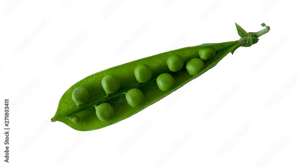 Open green pea pod with peas inside isolated on white