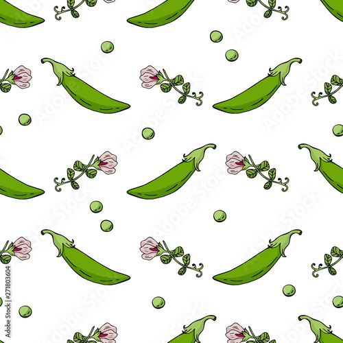 Seamless pattern with green peas and pea flowers. Endless texture with fresh vegetables for your design