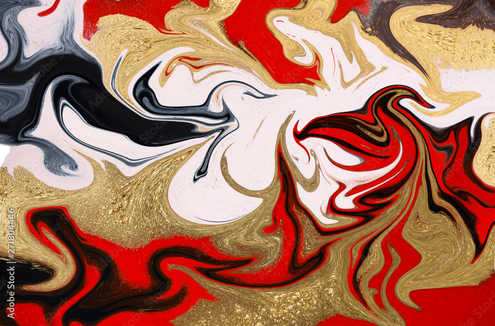 Marble abstract acrylic background. Red and gold marbling artwork texture. Agate ripple pattern
