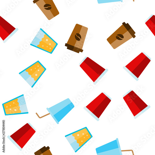Disposable Plastic Cup Linear Vector Icons Seamless Pattern. Coffee To Go Cup Thin Line Contour Symbols Pack. Takeaway Beverage Pictograms Collection. Coffee, Ice Rea, Cola Mugs