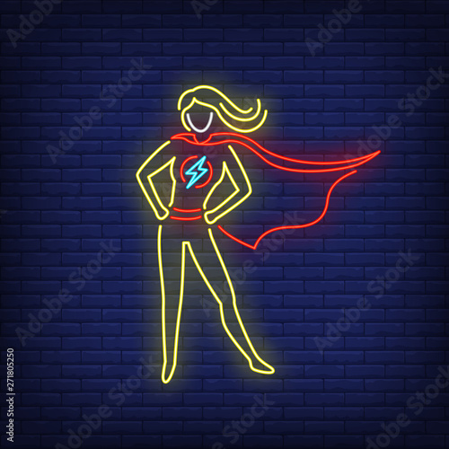 Confident superhero woman neon sign. Leadership, power, protector design. Night bright neon sign, colorful billboard, light banner. Vector illustration in neon style.