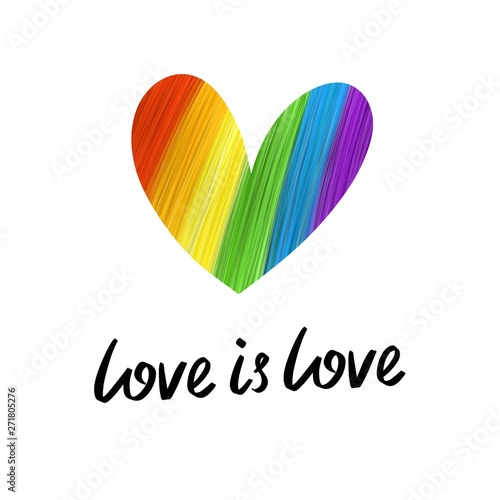 Love is love with big rainbow heart. Gay pride. Pride Month. Love, freedom, support, peace symbol