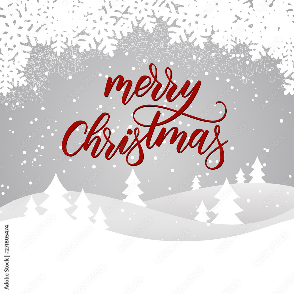 Merry Christmas card with winter landscape on grey background. Vector illustration