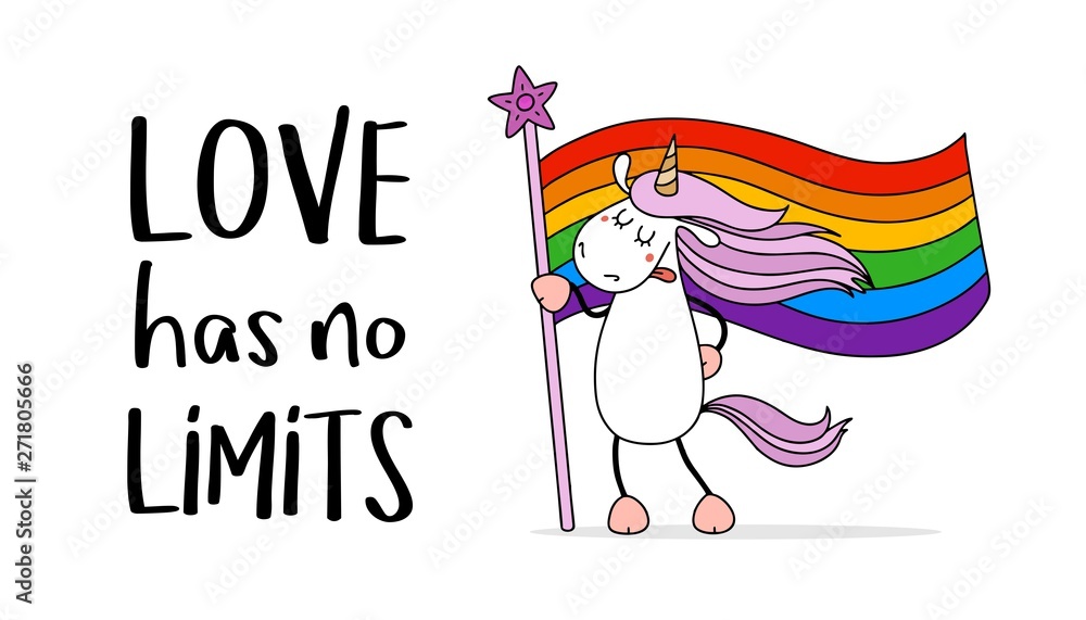 Cute unicorn with LGBT community flag. Gay pride. Pride Month. Love
