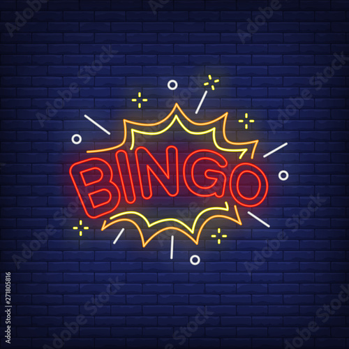 Bingo neon lettering and explosion. Gamble, win, entertainment design. Night bright neon sign, colorful billboard, light banner. Vector illustration in neon style.