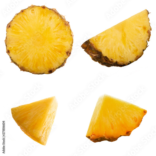 set of slices of pineapple isolated on white background
