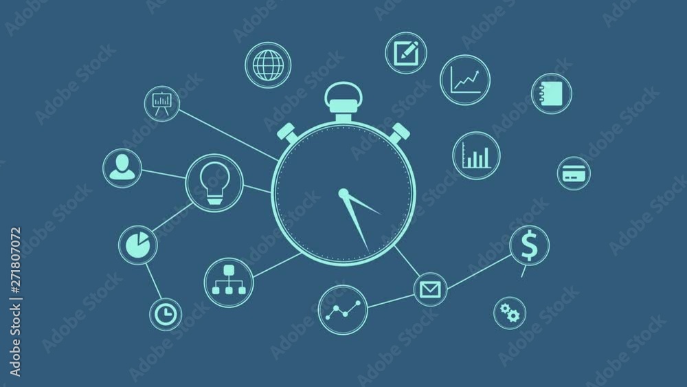 stopwatch animation with business icons, concept of deadline or reminder, seamless loop, luma matte, alpha mask stopwatch animation with business icons, concept of deadline or reminder, seamless loop, luma matte, alpha mask